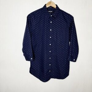 Lands End No Iron Supima Cotton Embroidered Dot Blue Shirt Travel Women's 4